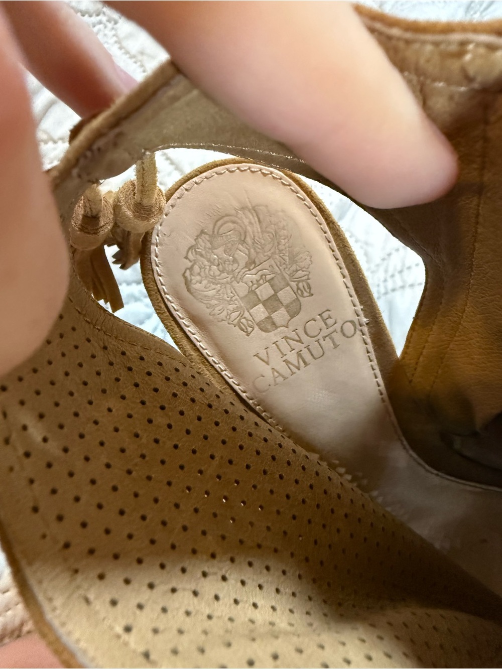 Vince Camuto Tan Perforated Suede Lace-Up Wedge Sandals - Picture 7 of 13